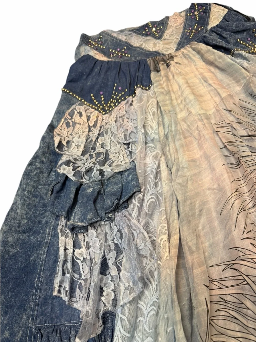 Handmade Wearable Art Zebra Woman Denim Lace Patchwork Maxi Skirt Boho M Gypsy